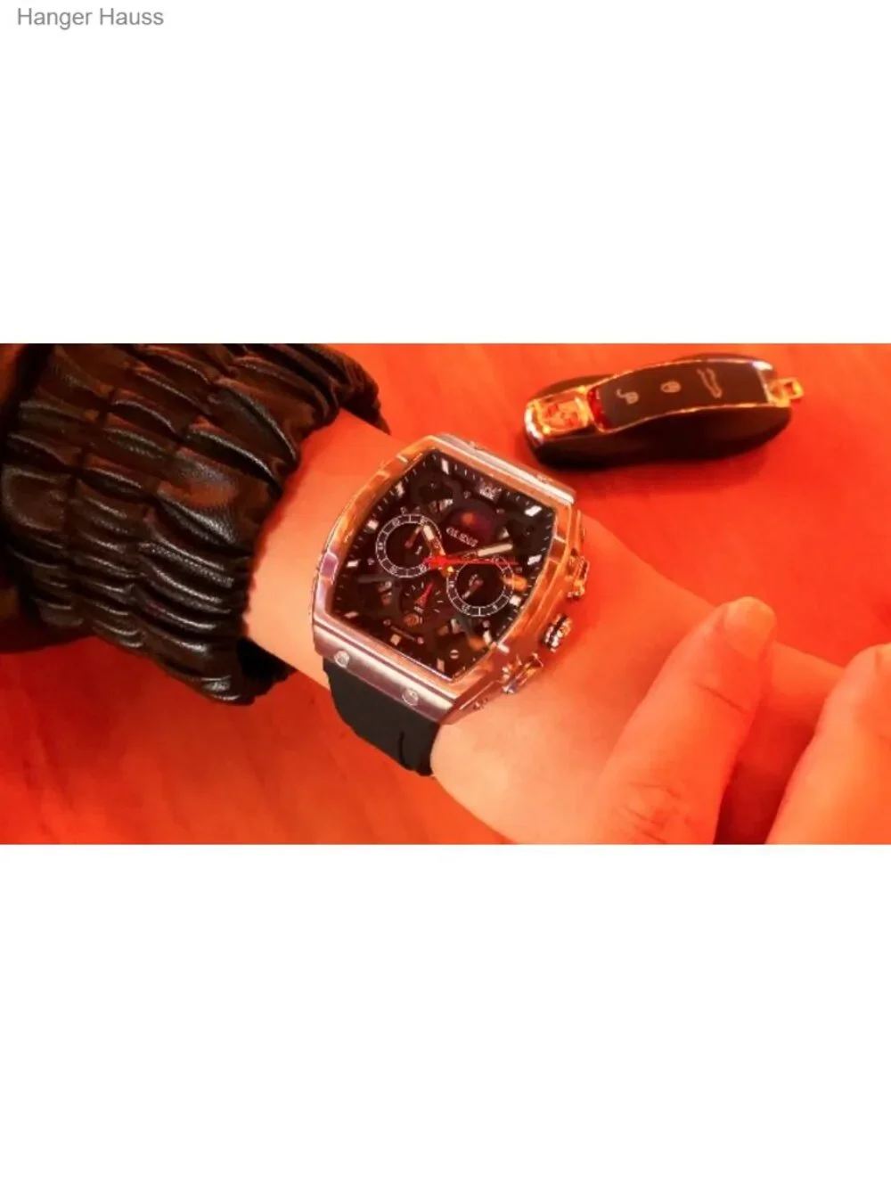 Men's Luxury Square Skeleton Chronograph Watch Quartz Stainless Steel Rubber